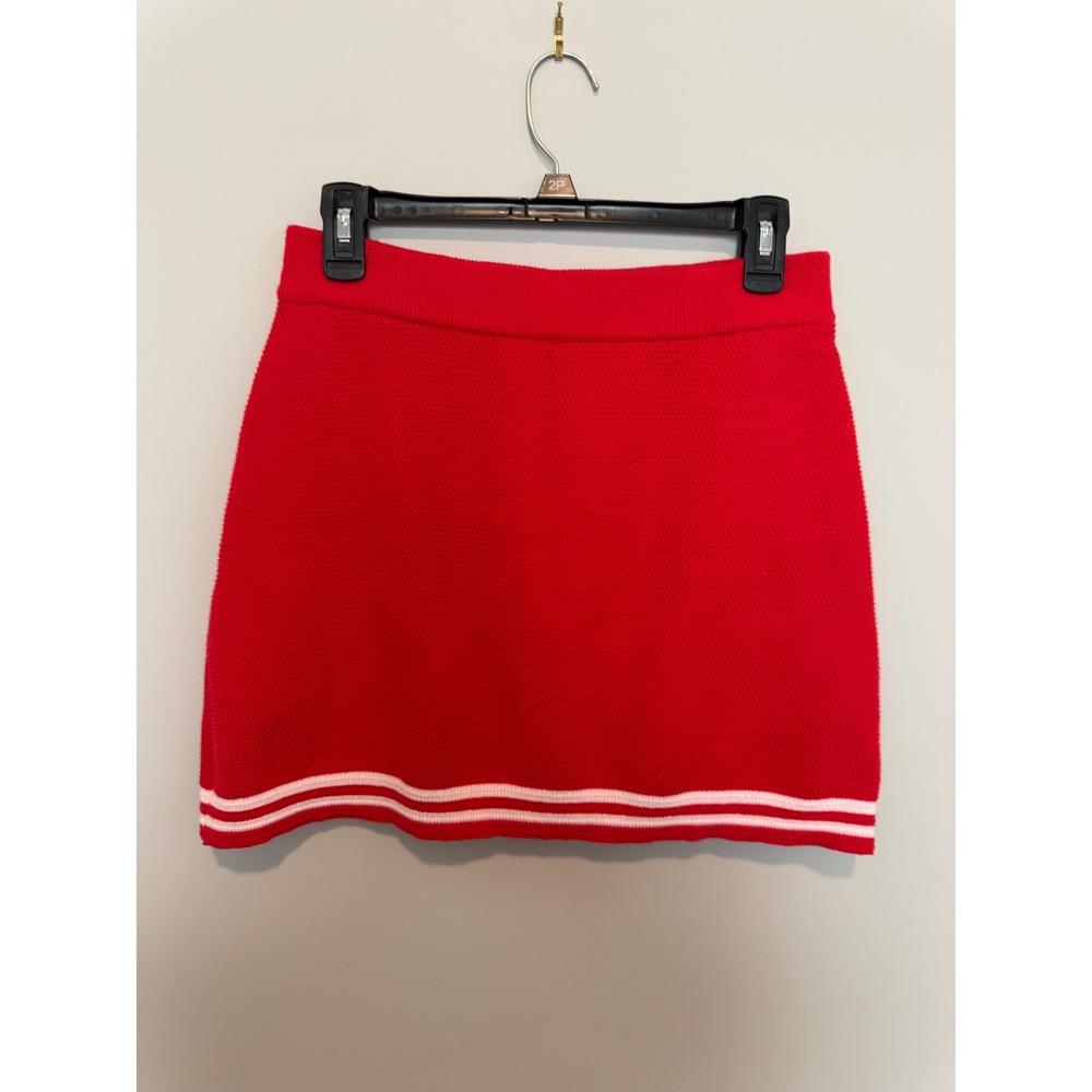 Red Knit Mini Skirt White Striped Hem Preppy Sporty Elastic Waist Size Medium